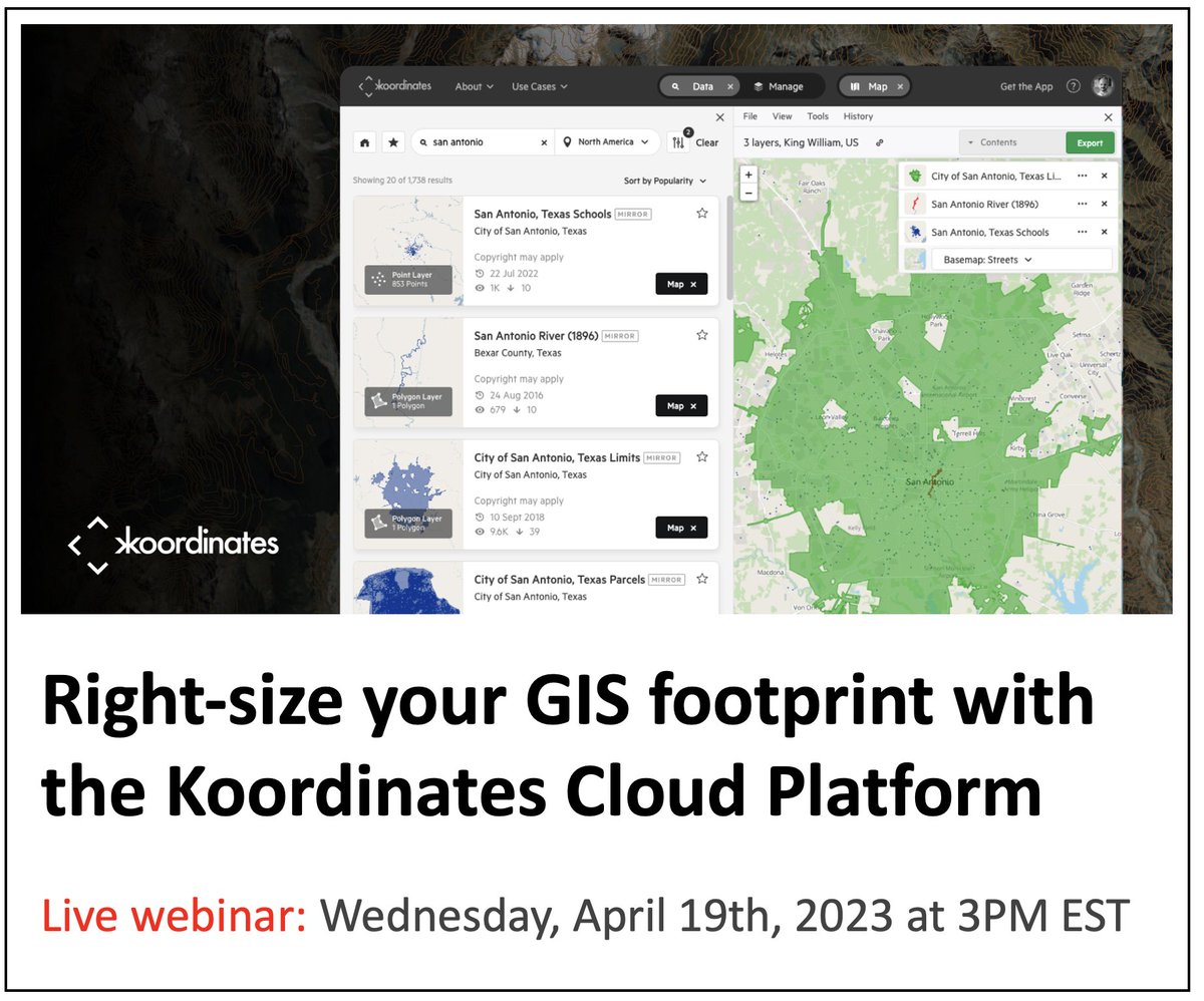 directionsmag's tweet photo. TODAY AT 3 PM US EASTERN! There's still time to register for this free#webinar: Right-size your #GIS footprint with the @Koordinates Cloud Platform.
https://t.co/cwPuWJc3Nd
#cloudGIS #geospatial https://t.co/H5YDU2zKxj