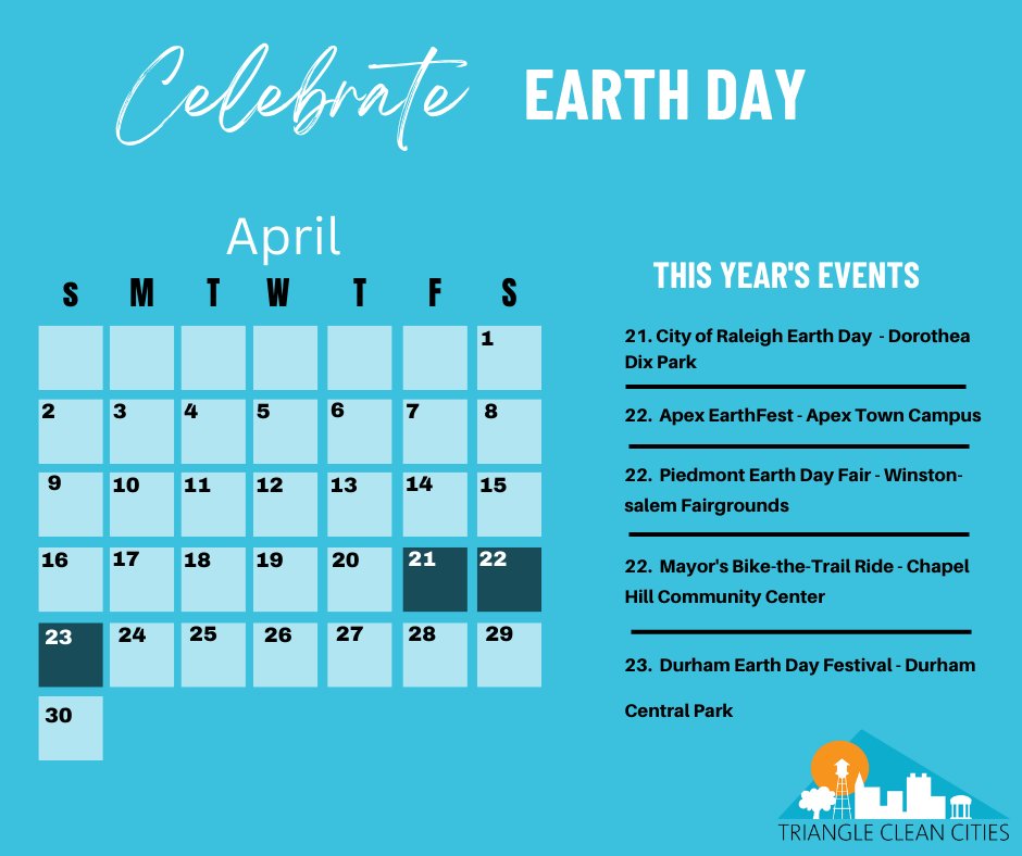 trianglealtfuel's tweet photo. Earth Day is this Saturday, April 22, but the celebrations last all weekend!! Check out events in our area here: https://t.co/Y8m4loCMPL

#EarthDay #CleanCities #AlternativeFuels #CleanTransportation https://t.co/r1KlDe95tM