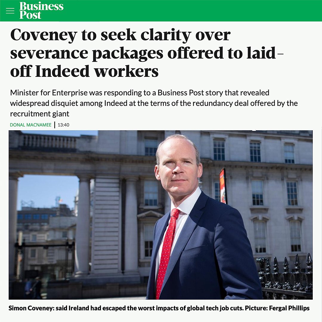 fsuireland's tweet photo. Developments on the redundancies at Indeed... 

- ‘Coveney to seek clarity over severance packages offered to laid-off Indeed workers’ - @businessposthq - @DonalMacNamee97 
https://t.co/zxiyq5qnzJ

- In the Dáil today @ivanabacik raised the issue with Minister @simoncoveney. https://t.co/mHzj58QVqL