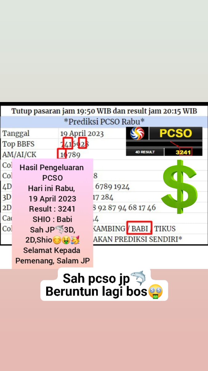 Masterdemian88's tweet photo. Result PCSO, Rabu 19 April 2023 

Selamat Untuk yang Berhasil JP &amp; Bagi yang Belum JP, Semoga Beruntung di Periode Berikutnya ! 

Info Result dan Prediksi Setiap Hari WA 081224902638 

#inforesult #เรื่องของจี้ #hasilresult #TheMandalorian #layoffs #younggirls #pcso https://t.co/xwKkmC04zr