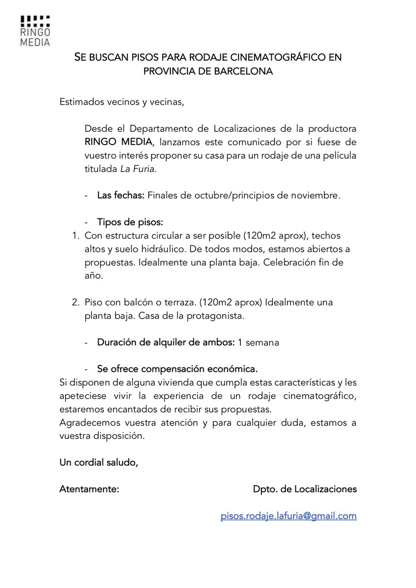 📣Tens una casa o pis que encaixi com a localització de rodatge d'aquest film? Contacta amb Ringo Media i fem que el rodatge es rodi també a #Terrassa! 🎬❤️<a href="/TerrassaFO/">Terrassa Film Office</a> #locations #ringomedia  #LaFuriaFilm #TerrassaFilmFriendly #cinemadesdedins
