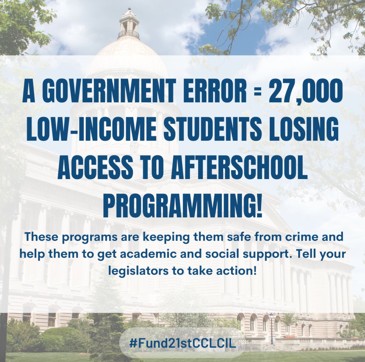 ACTNowCoalition's tweet image. 21st CCLC is federal funding used to support afterschool programs. Without immediate legislative action, thousands of IL youth will lose access to programming & 1,238 afterschool staff members will lose their jobs. Tell your elected officials p2a.co/grxm3kj