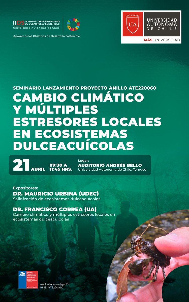 UAinvestigacion's tweet photo. 🎓¡Muchos acontecimientos en la @autonomadechile !
Destacamos el lanzamiento del proyecto #Anillo del Dr. Francisco Correa: #Cambioclimático y estresores locales en #ecosistemas #dulceacuícolas 🌍🌊
📅 Viernes 21 de abril
🕤 9:30 h
📍 @AutonomaTemuco
#eventosacadémicos https://t.co/KCUFim9cgQ