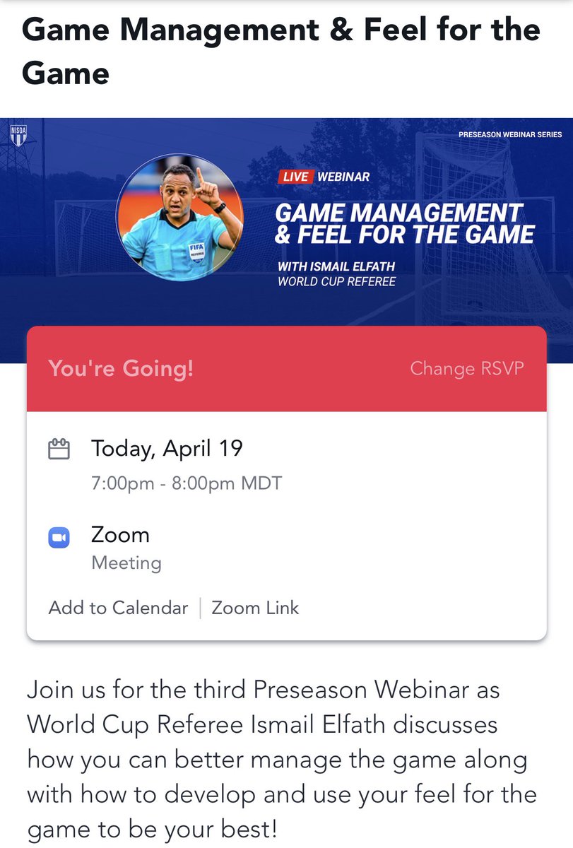 wcisoa's tweet image. Join us for the third Preseason Webinar as World Cup Referee Ismail Elfath discusses how you can better manage the game along with how to develop and use your feel for the game to be your best!  nisoa.mn.co/events/game-ma…