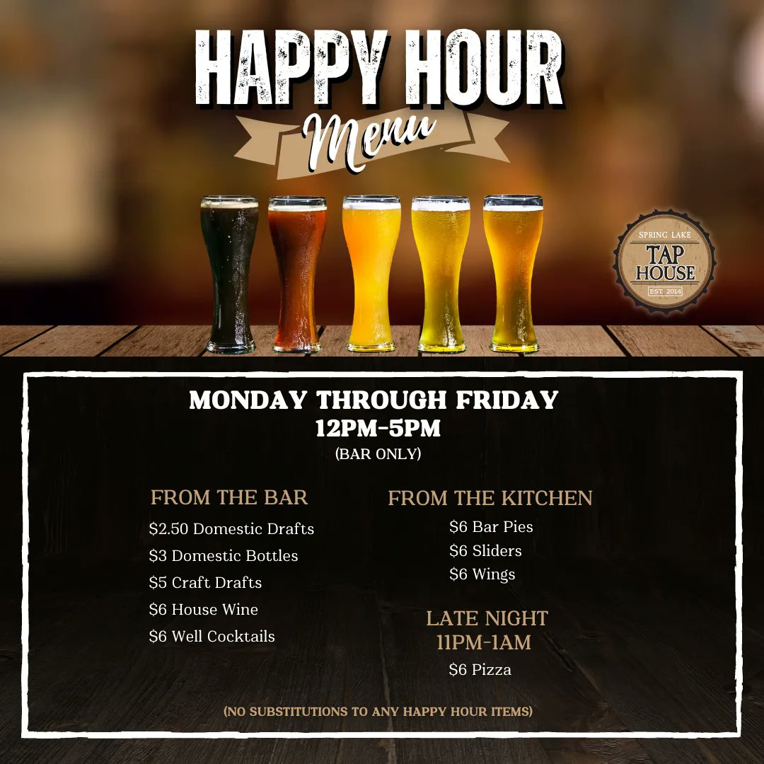 TapHouseSL's tweet photo. Join us for Happy Hour every Monday thru Friday  at the Spring Lake Tap House from 12pm-5pm!!🍺🍻 https://t.co/xHVXnTHd9j
