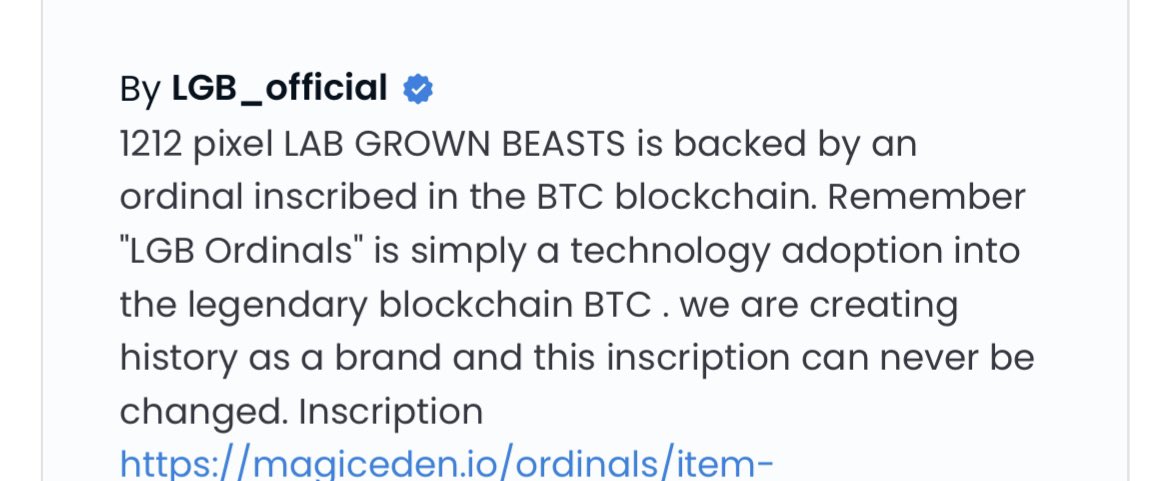 LGB ordinals ALL NFT’s Metadata has been updated with <a href="/MEonBTC/">Magic Eden on Bitcoin 🟧</a> link in open-sea to check your ordinals inscription. 

opensea.io/collection/lgb…