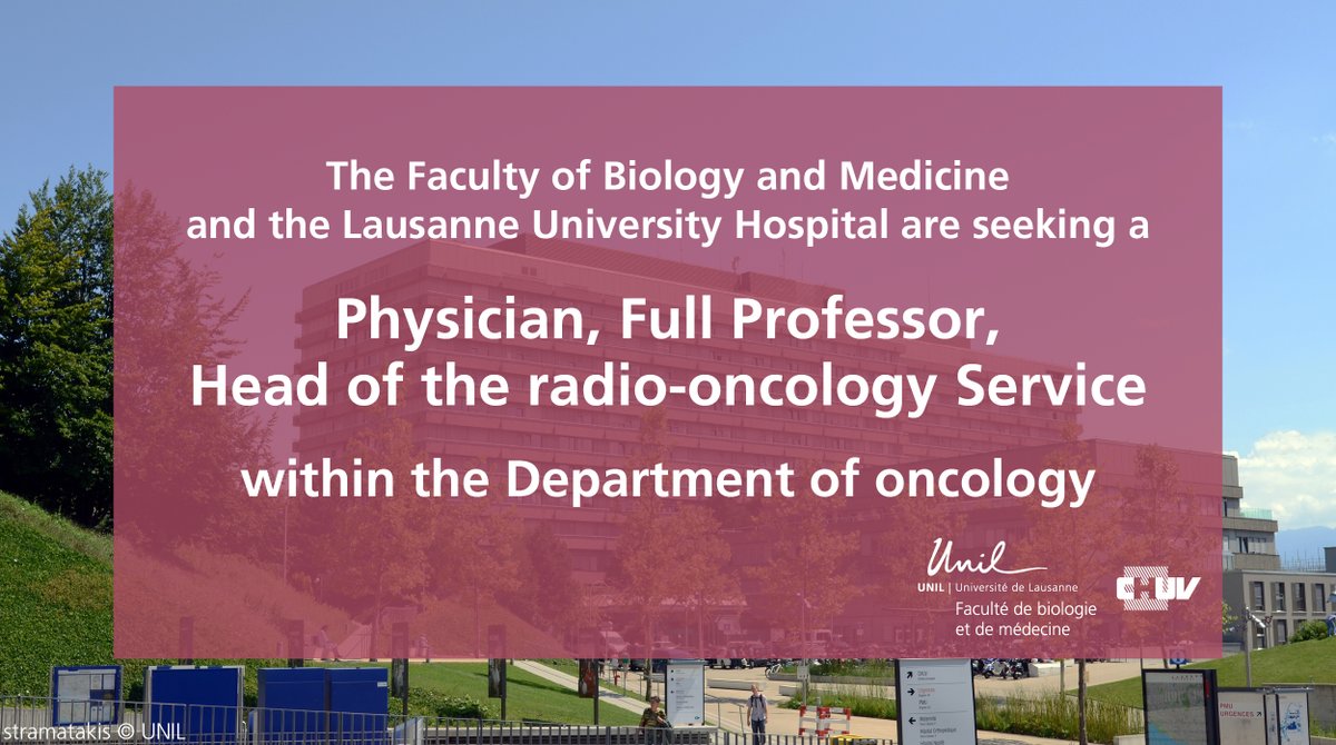 #JobAlert 📢Applications open for a 𝗣𝗵𝘆𝘀𝗶𝗰𝗶𝗮𝗻, 𝗙𝘂𝗹𝗹 𝗣𝗿𝗼𝗳𝗲𝘀𝘀𝗼𝗿 𝗮𝗻𝗱 𝗛𝗲𝗮𝗱 of the radio-#oncology Service
📍within the <a href="/OncoUNILCHUV/">Oncology UNIL CHUV</a> Department
❗️Apply before June 18th, 2023
More info👉wwwfbm.unil.ch/releve/applica…

<a href="/FBM_UNIL/">Faculté de biologie et de médecine (inactif)</a> <a href="/unil/">Université de Lausanne</a> <a href="/CHUVLausanne/">CHUV / Centre hospitalier universitaire vaudois</a> 
#radiation