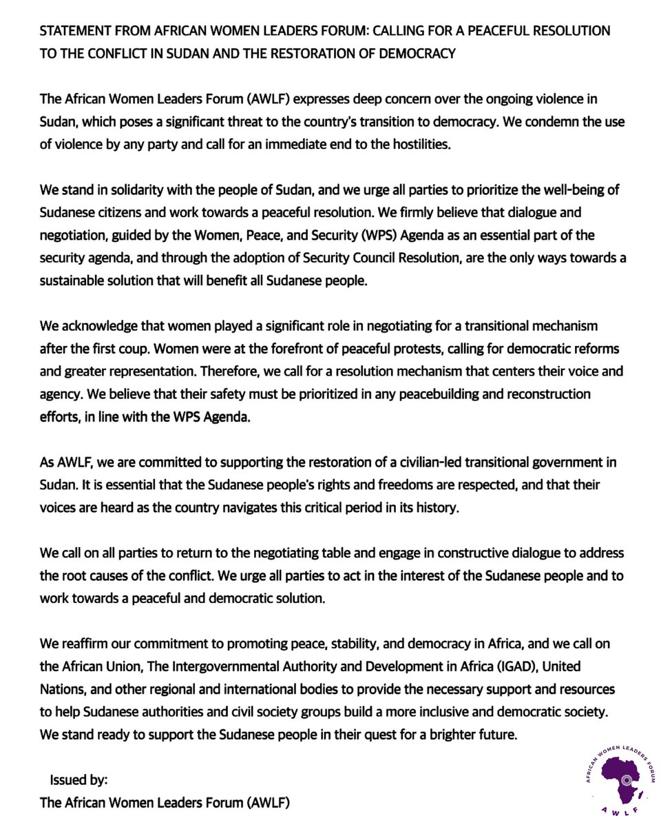 AWLF stands in solidarity with the people of Sudan, & urges all parties to prioritize citizens' well-being. We call for dialogue & negotiation guided by the Women, Peace, and Security Agenda, centering women's voices & safety. Full statement: 

 #Sudan #WPSAgenda