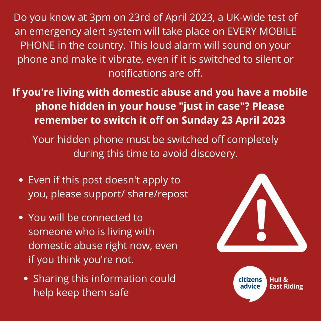 Vodafone UK (@vodafoneuk) on Twitter photo An important message regarding this Sunday’s Emergency Alert test from Hull & East Riding <a href="/CitizensAdvice/">CitizensAdvice</a>.
Please share for visibility if safe to do so. An important message regarding this Sunday’s Emergency Alert test from Hull & East Riding <a href="/CitizensAdvice/">CitizensAdvice</a>.
Please share for visibility if safe to do so.