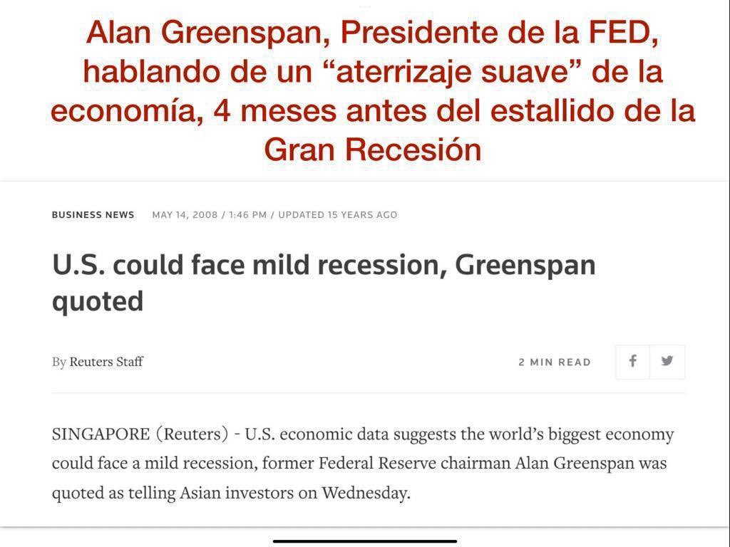 EdithBelmont's tweet photo. En mayo de 2008, a tan sólo 4 meses de que estallara la Gran Recesión, Alan Greenspan, entonces Presidente de la Reserva Federal de los EU,aseguraba que la economía iba a tener un “aterrizaje suave”.Hoy abril de 2023,nos dicen exactamente lo mismo LOS PUNTOS CIEGOS SON PELIGROSOS https://t.co/q25euGJddN
