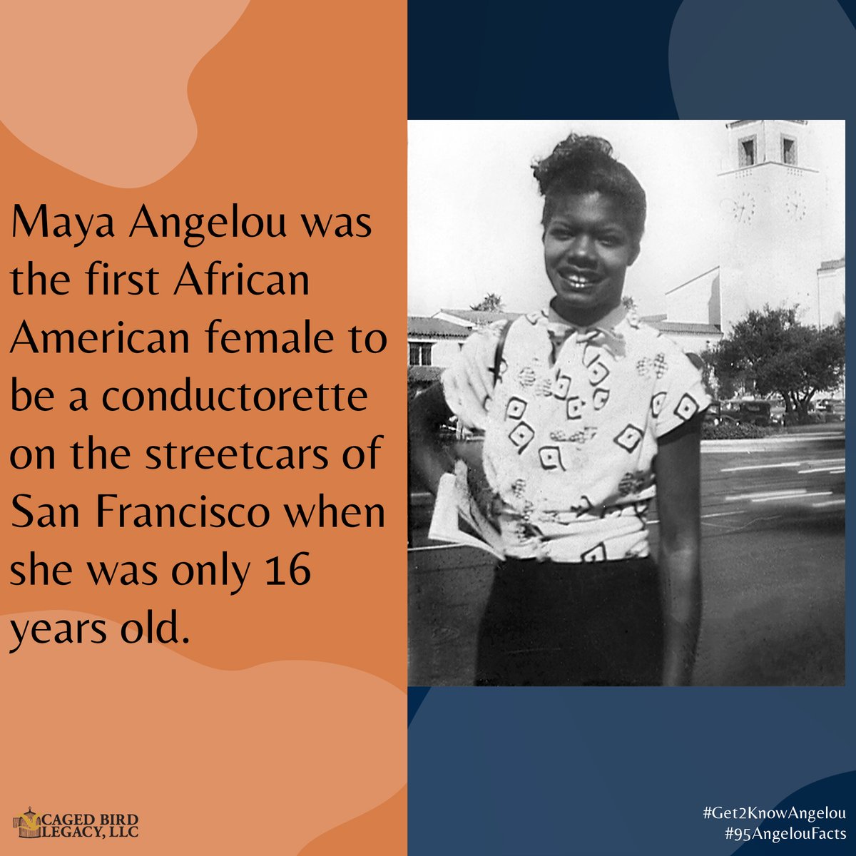 'Your belief and your work will speak for you.' #MayaAngelou Maya Angelou was the first African American female to be a conductorette on the streetcars of San Francisco when she was only 16 years old. -The estate of Dr. Maya Angelou #Get2KnowAngelou #95AngelouFacts #DrAngelou95