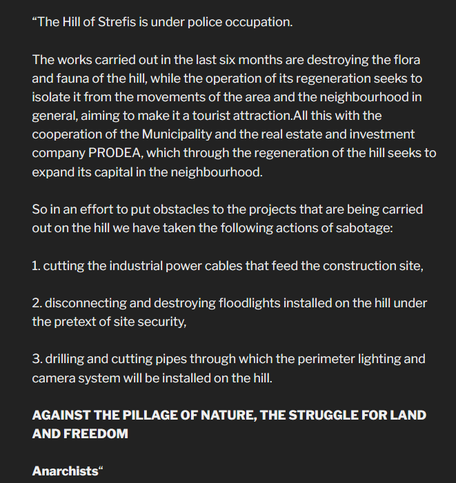 some1fu's tweet photo. ANARCHISTS SABOTAGE THE REDEVELOPMENT WORKS IN STREFI HILL.

9th April, Streffi Hill, Athens

AGAINST THE PILLAGE OF NATURE, THE STRUGGLE FOR LAND AND FREEDOM

#SABOTAGE #PRODEA #athens #exarcheia #εξαρχεια #μμε https://t.co/iGbtQdKLAq