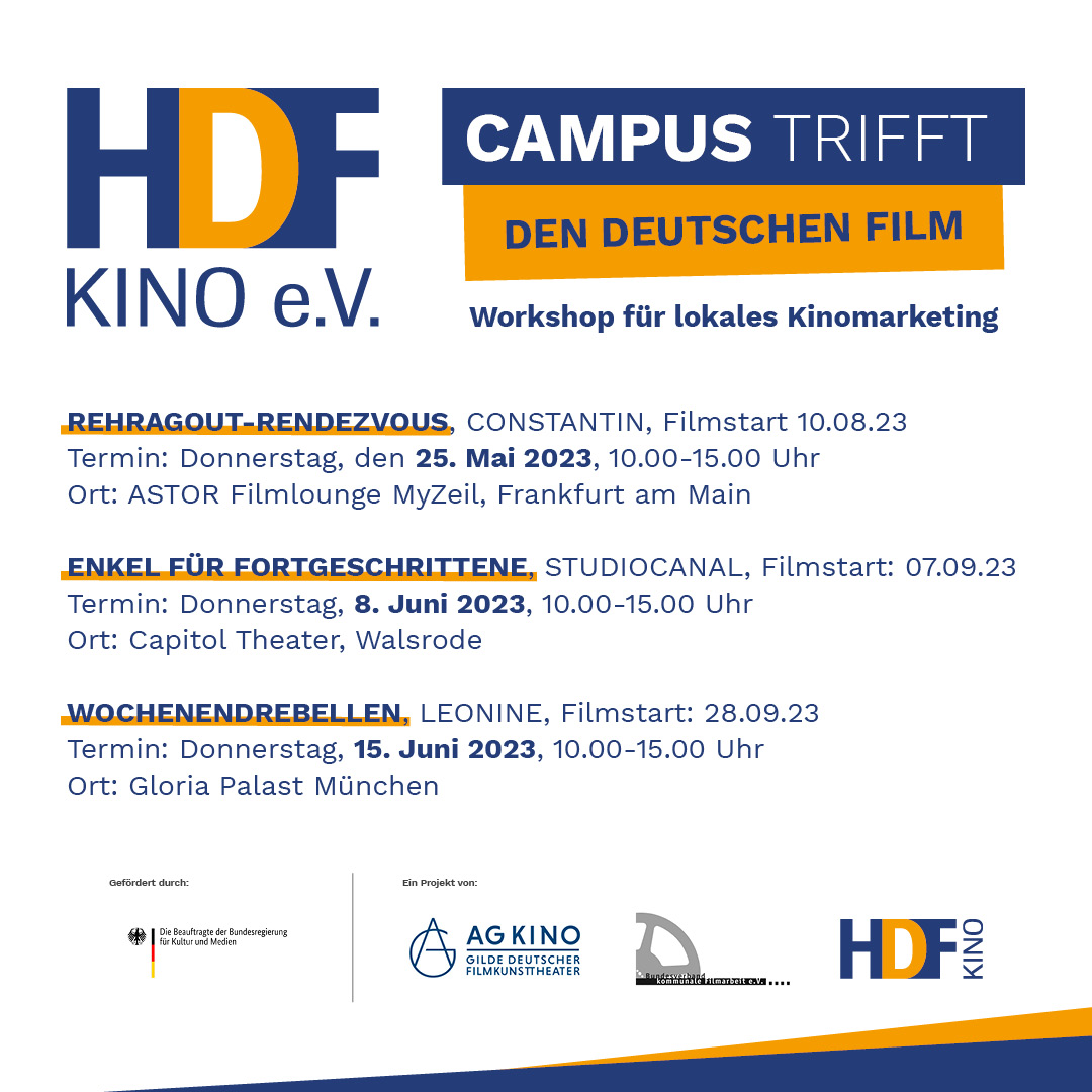 Deutsche Filme – Groß im Kino: Mit kreativem Marketing für mehr Besucher*innen sorgen!
Wir haben eine HDF CAMPUS Reihe für Kinobetreiber*innen initiiert, die sich dem  lokalen Filmmarketing widmet. Anmeldungen unter events@hdf-kino.de.  #zukunftkino #hdfcampus #neustartkino