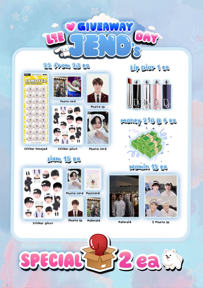 ꒰⁺ 𝐏𝐥𝐬 𝐑𝐓 ◟🗯️꒱⁺

 ˚ ˚ 𝐆𝐢𝐯𝐞 𝐀𝐰𝐚𝐲 𝐉𝐄𝐍𝐎 𝐃𝐚𝐲 ⭒ ം 

𝐠𝐠 𝐟𝐫𝐨𝐦 𝟐𝟑 𝐞𝐚

𝐒𝐢𝐚𝐦 𝟏𝟓 𝐞𝐚 (𝐍𝐨𝐦𝐢𝐧 𝟏𝟓 𝐞𝐚)

𝐋𝐢𝐩 𝐃𝐢𝐨𝐫 𝟏 𝐞𝐚 (เลือกสีเอง)

𝐒𝐩𝐞𝐜𝐢𝐚𝐥 𝐁𝐨𝐱 𝟐 𝐞𝐚 ( สุ่มจากรี)

สุ่มแจกจากรี 𝟐𝟑𝟎฿ จำนวน 𝟒 คนคั้บ
 #HAPPYJENODAY #JENO