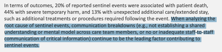 subhaairan's tweet photo. Latest sentinel event report from @TJCommission again shows that #CommunicationFailures are the LEADING cause of errors
They further define failures as a lack of shared mental model for clinical teams to understand what is/needs to happen for a patient.
https://t.co/M8SpJEs2BG https://t.co/LXV0Kdvwus