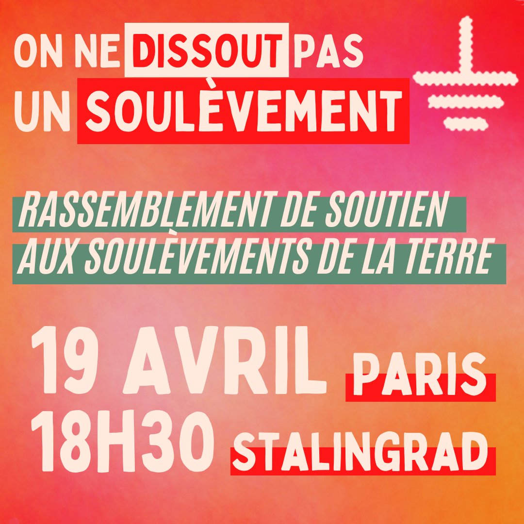 UEYvelines's tweet photo. Contre la répression on arrêtera pas de lutter !

Soyons nombreux et nombreuses ce soir à se rassembler en soutien aux Soulèvements de la Terre, contre leur dissolution !

RDV à 18h30 Place de Stalingrad #ContreDissolution https://t.co/QbdavWqYAi