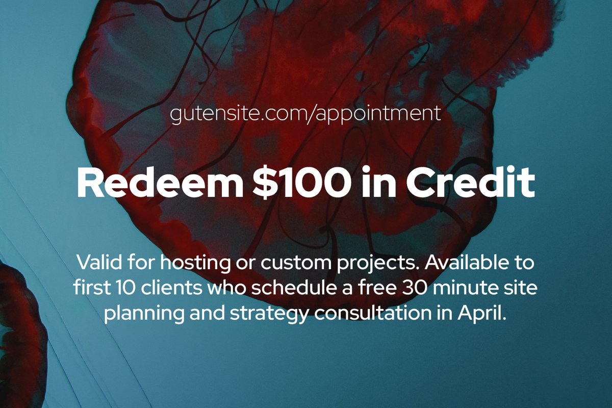 gutensite's tweet photo. Not sure where to start? Schedule a free 30 minute website planning and strategy consultation and get $100 in credit for hosting or new custom projects. 
https://t.co/PlW5H4ws0a

(credit is valid for first 10 customers who respond in April) https://t.co/NXsjeMr6LW