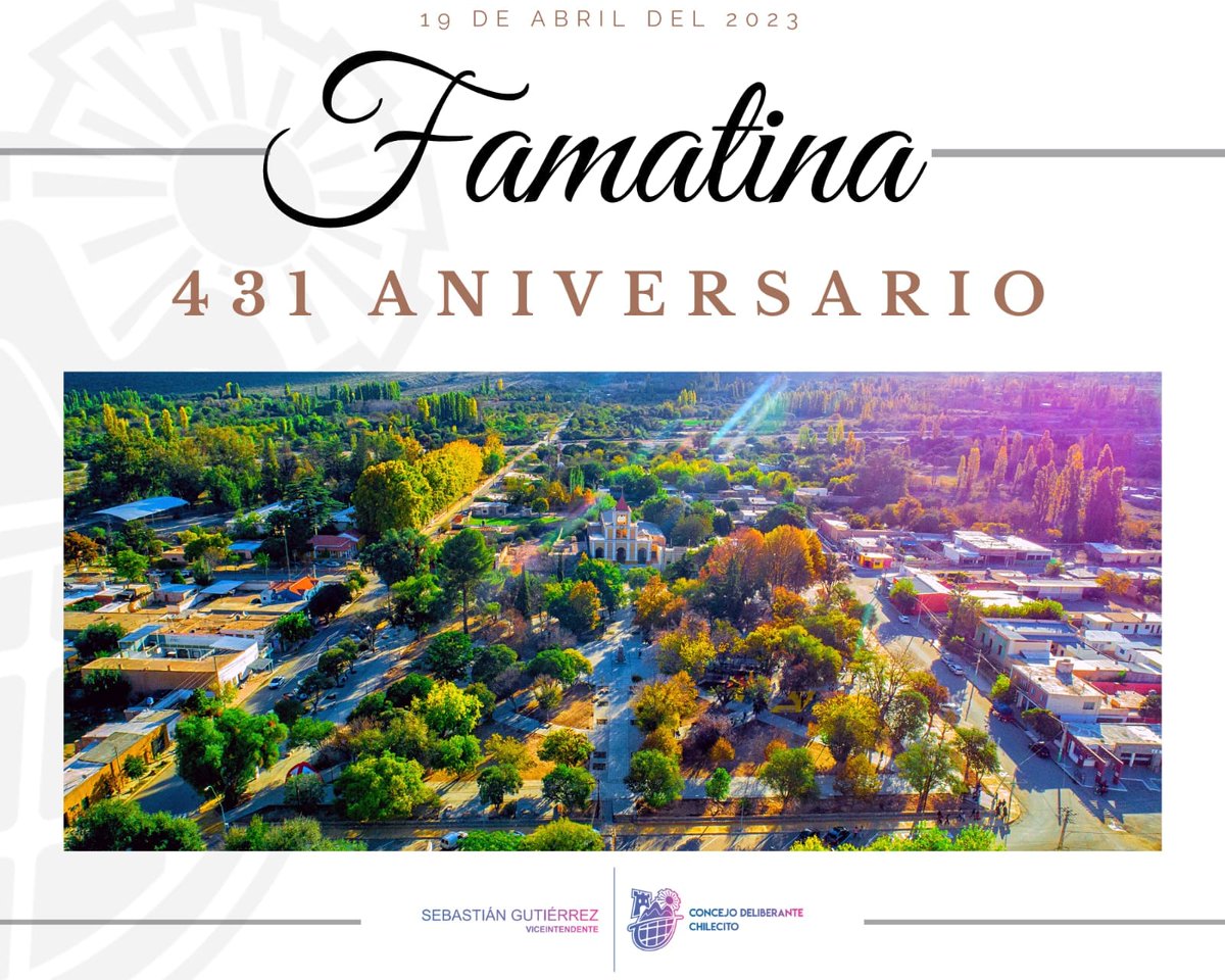 ConcejoDelibe10's tweet photo. 431° ANIVERSARIO DEL DEPARTAMENTO FAMATINA

El Sr. Viceintendente del Departamento Chilecito @CrSebaGutierrez  junto al Cuerpo Deliberativo, expresan su más afectuoso a la comunidad del Departamento Famatina, por estar celebrando un nuevo Aniversario. https://t.co/AdWz9hXqUE