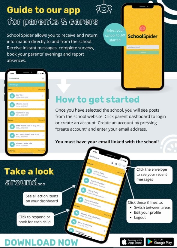 We're moving to School Spider tomorrow. Download the app to book on for dinners, clubs and make payments. Any questions or queries, contact the school office.