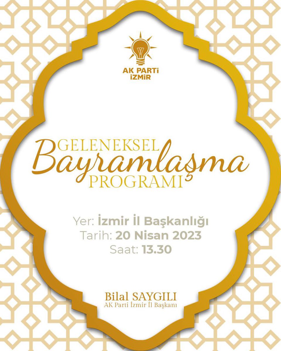 Bilalsaygili's tweet photo. Genel Başkan Yardımcımız Sn. Hamza Dağ, Gençlik ve Spor Bakanımız Sn. Dr. Mehmet Kasapoğlu ve Gençlik Kolları Genel Başkanımız Sn. Eyyüp Kadir İnan'ın  katılımları ile gerçekleştireceğimiz 'Geleneksel Bayramlaşma' programımıza tüm dava arkadaşlarımız davetlidir. 

Tarih: 20 Nisan Perşembe (Yarın)
Saat: 13.30
Yer: AK Parti İzmir İl Başkanlığı