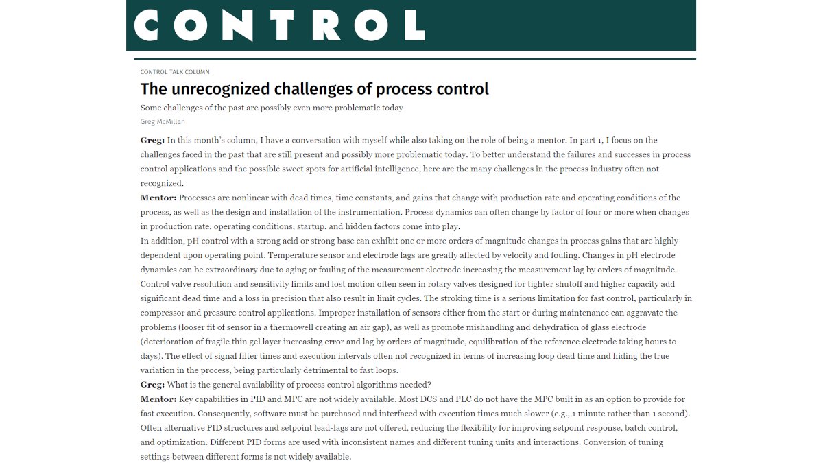 MarkSDziedzic's tweet image. Greg McMillan shares answers to many unrecognized challenges in effective and robust process control in this #ControlGlobal article. ow.ly/JMNb104Eggs #pauto