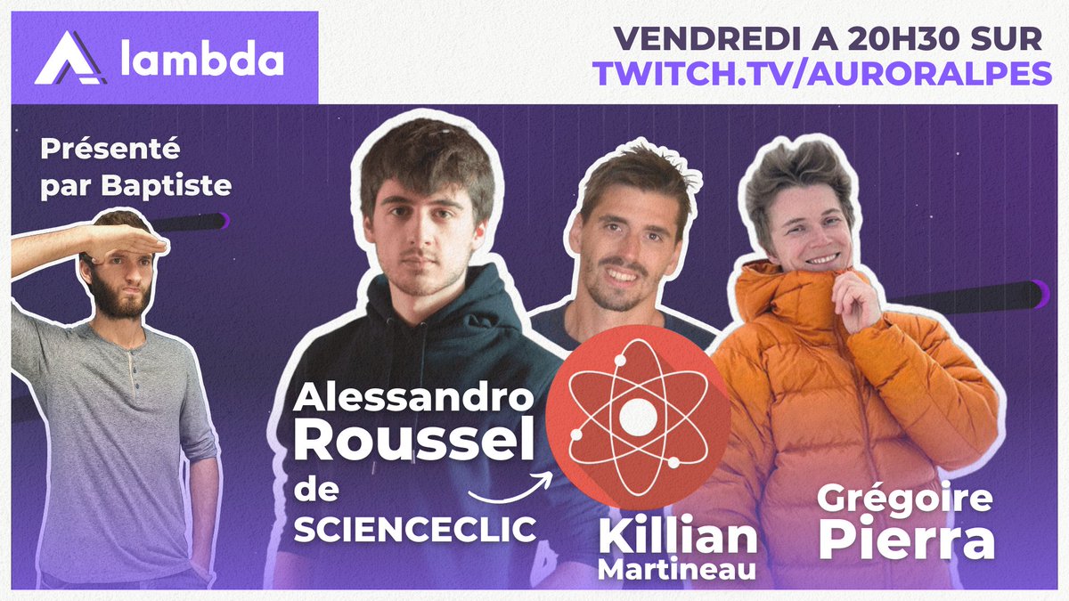AurorAlpes's tweet photo. 📢#Lambda c'est vendredi, 20h30 sur https://t.co/50dmCup2m6 ! 🔔

Venez discuter avec nos 3 invités : @ScienceClic, @gregoire_pierra (@IP2ILyon) et Killian Martineau (@LPSCGrenoble).

Une belle soirée pour parler relativité, trous noirs, ondes gravitationnelles et cosmologie ! ✨ https://t.co/GV8F7FlEPr