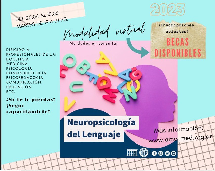 fmorellogarcia's tweet photo. Edición 2023 del curso Neuropsicología del Lenguaje 🧠🗣️ de la Asociación Médica Argentina. ¡Los esperamos! 

Más info en https://t.co/c6cOHNXMEO https://t.co/JhHXoaJuqy