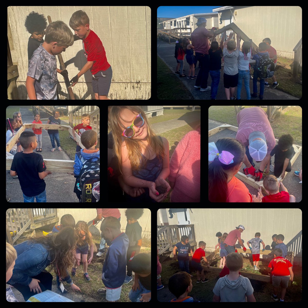 CholmanAP's tweet photo. Lots of gardening going on today! Special thanks to Ms. Blackwell’s husband for rebuilding the 1st grade garden beds. @PES_PantherNews #PantherPride https://t.co/R4jrh2a34a