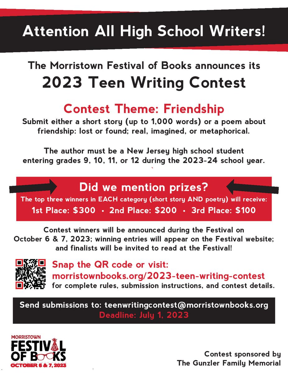 We are thrilled to announce our 2023 Teen Writing Contest! The theme is "Friendship" and there are great prizes - and recognition for the winners!

All details are at: morristownbooks.org/2023-teen-writ…