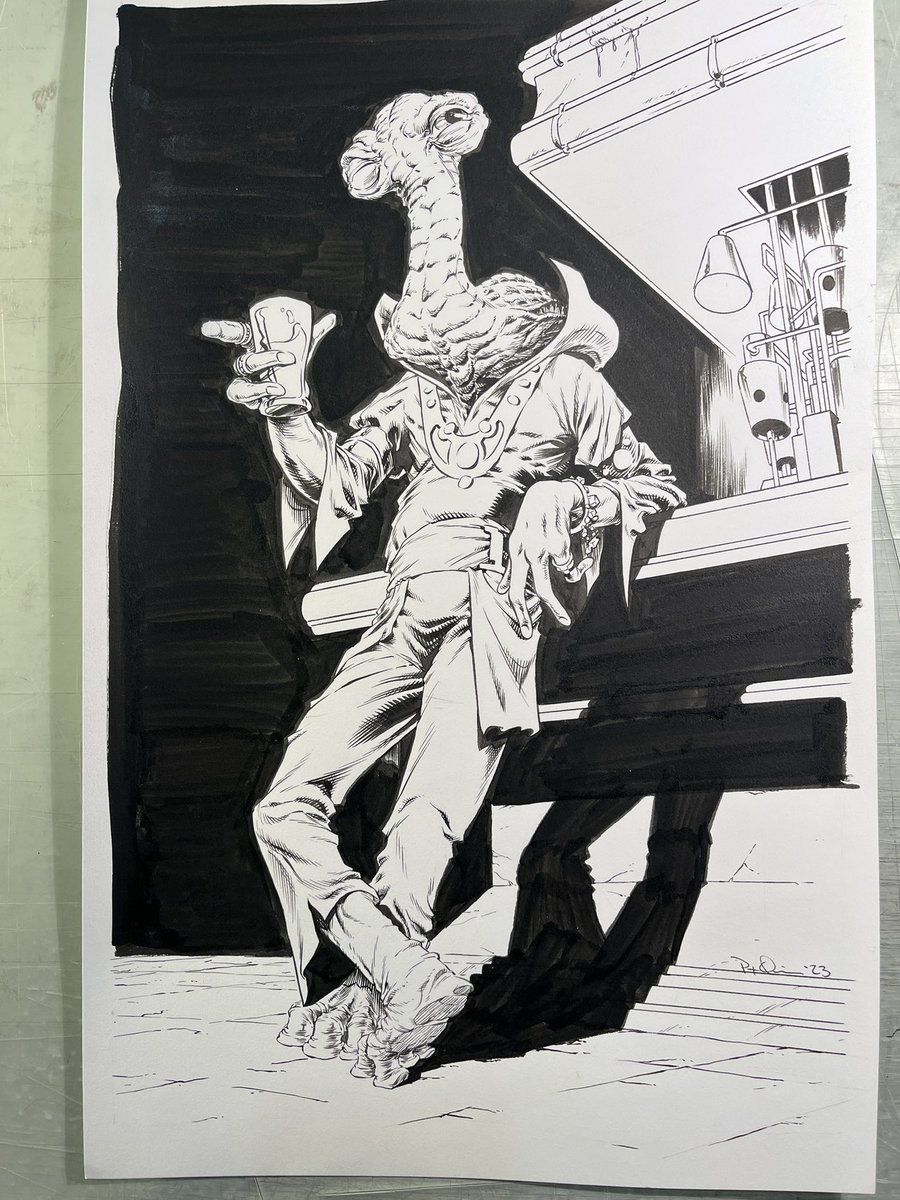 pqcomics's tweet photo. Oh boy…time for another deluge of #commissions First, an #ithorian 
#starwars  #ink #brush #cantina #chillin https://t.co/fttBU5Haje