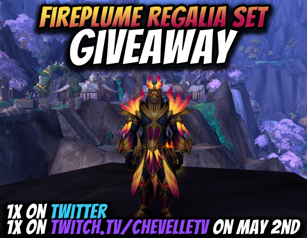 To celebrate #Dragonflight Patch 10.1 launch on May 3rd! I am giving away 2 Fireplume Regalia (EU ONLY) Codes!

To enter: 
✅Follow  
❤️ Like 
🔁 Retweet  
💭Comment what class you'll main
⭐ Bonus entry if you follow me on Twitch! 

#WoW_Partner Winner picked on May 2nd!🎁