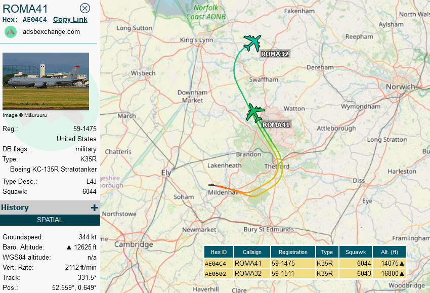 SirListenalot's tweet photo. #KC135's #AE04C4 as #ROMA41 and #AE0502 as #ROMA32 out of Mildenhall with (four) "AV" #F16's #TREND91 https://t.co/qrgk9FjhQN