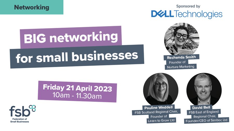 🥳 BIG networking sponsored by @DellUK - online this FRIDAY 10:00-11:30! 

Book now at 
go.fsb.org.uk/BigNetworkingS…
to:
⭐️Network with entrepreneurs from across the UK 
⭐️Be in with a chance to win amazing prizes
⭐️Learn marketing top tips from @NurtureMking
 
#SmallBusinessBigIdeas