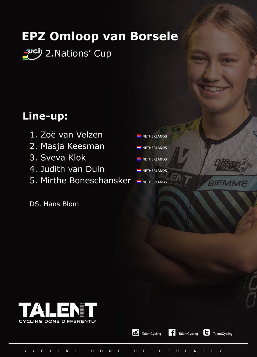 Line-up <a href="/TalentCycling/">Talent Cycling</a> for the 2. Nations'Cup race EPZ Omloop van Borsele <a href="/epzovb/">EPZ Omloop van Borsele</a>
 
#DareToBeDifferent #CyclingDoneDifferently