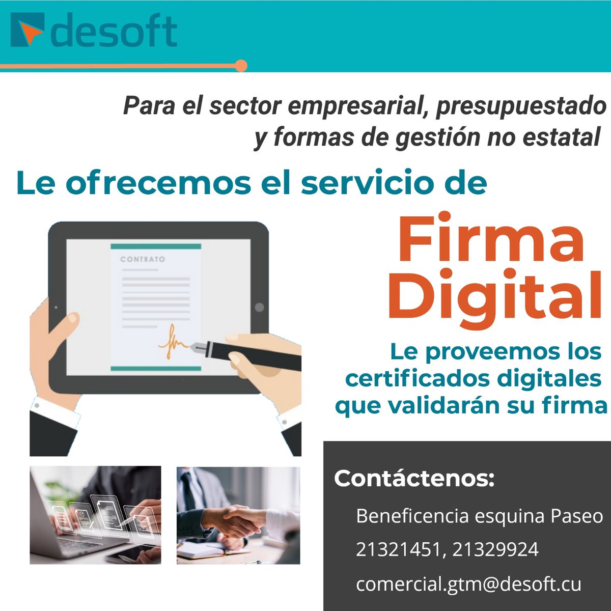 ServiSoft_SURL's tweet photo. 👉Si deseas adquirir los certificados digitales y los servicios asociados a la #FirmaDigital puedes contactar con @desoftgtmo por éstas vías:
🏢 Beneficencia esquina Paseo
📠 21329924, 📲21321451
📧 comercial.gtm@desoft.cu
📱https://t.co/0L6S4MoC53
#SomosDesoft
#DesoftInformatiza https://t.co/oKNrMZhAdI