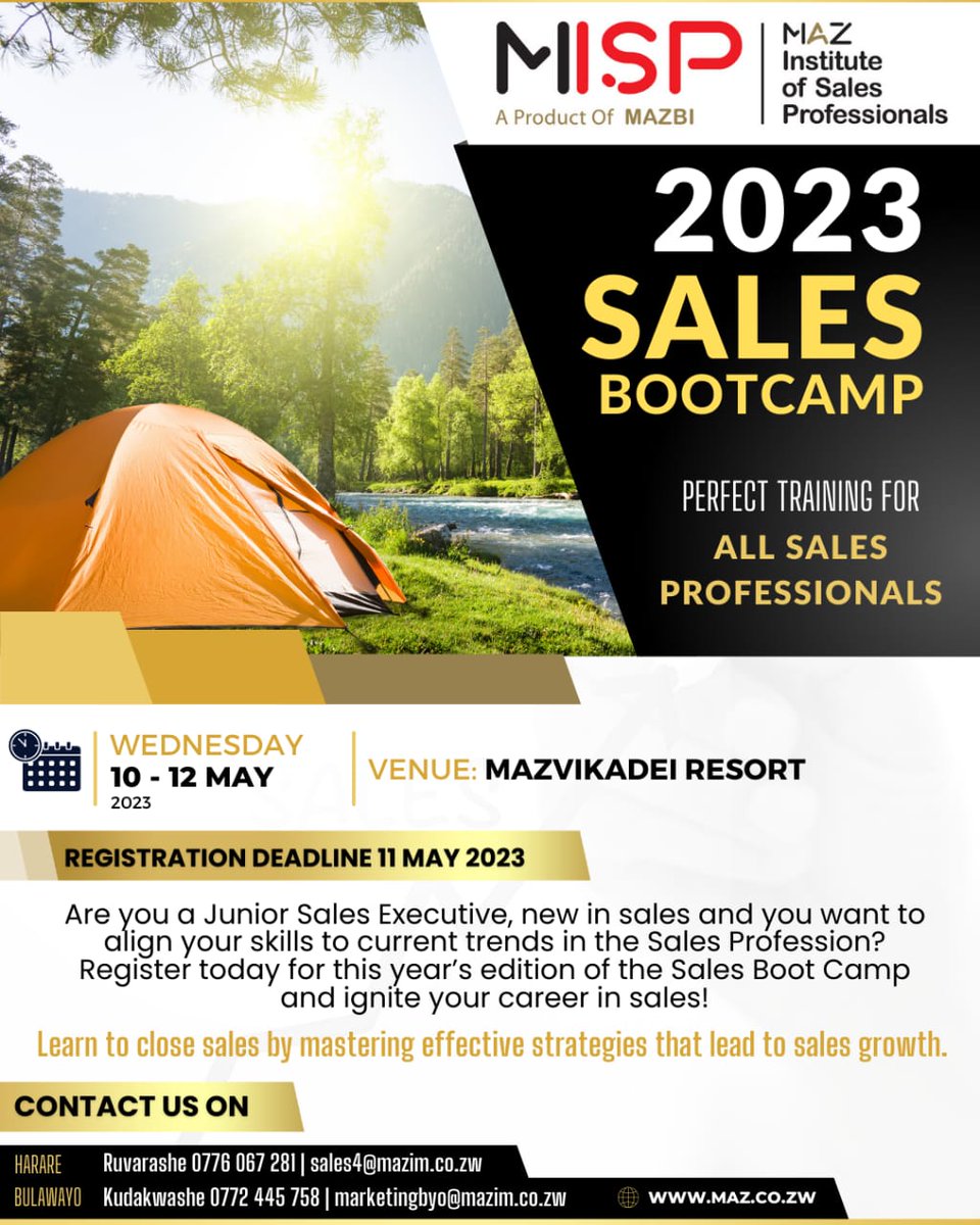 MarketersZim's tweet image. DO NOT MISS THIS YEAR'S SALES BOOT CAMP‼️

Here is a great opportunity to enhance your selling skills‼ .

# Refresh#
#Update#

Registration in progress, call the MAZ BUSINESS INSTITUTE Team now or use the link below ⏬⏬⏬

forms.gle/3q9e2NJmE45Nzq…