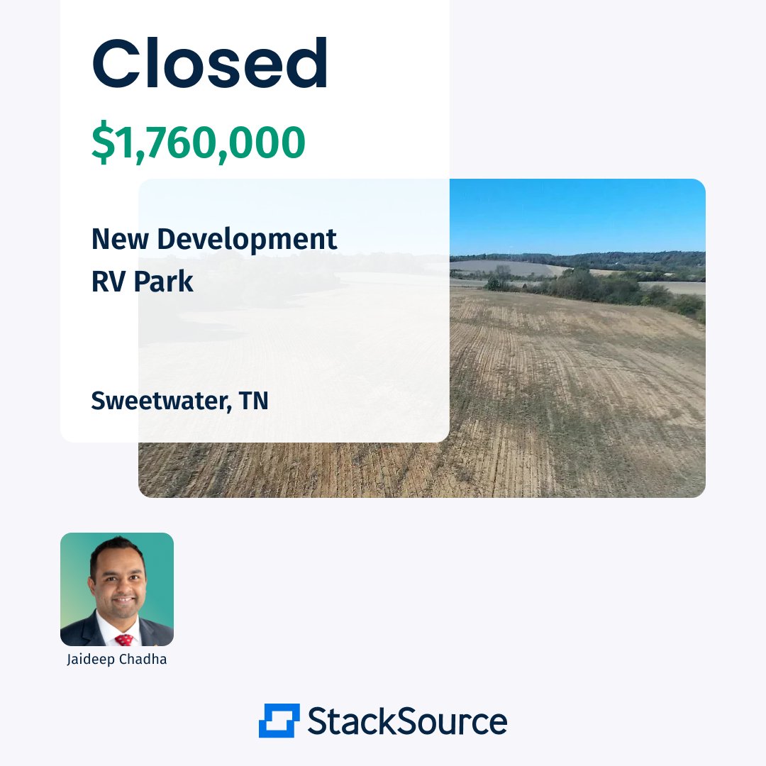 StackSource's tweet image. CLOSED! 🎉

$1.8M financing for the new development of a RV park located in Sweetwater, TN.

Associate Director Jaideep Chadha arranged the deal where the lender funded 100% of the development cost and interest reserve.

Learn more at hubs.la/Q01M3bV-0

#StackSource #CRE