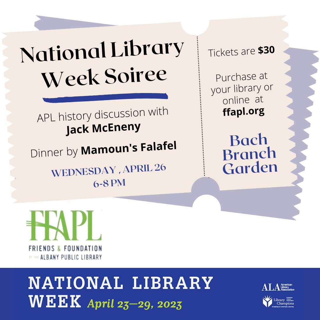 AlbanyNYLibrary's tweet photo. Join us next Wednesday in the Bach Branch garden for @ffofapl's #NationalLibraryWeek Soiree! ⁠
⁠Tickets are available at your local library or online: https://t.co/ZoE9h90Y1D 
⁠(If you can't make it, but would still like to support us, you can also gift a ticket.) https://t.co/CvoaVBIAsB