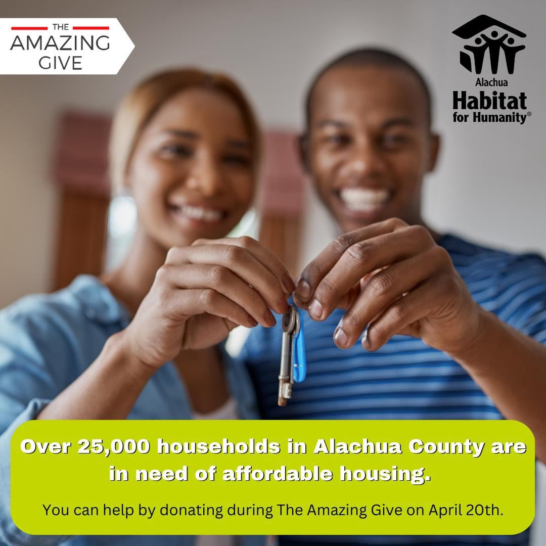 Amazing Give which is a community-wide day of giving held on April 20th from 8am-8pm. On behalf of Alachua Habitat we need your help to reach its $20,000 goal of building more homes, not houses. Click the link to check out more rb.gy/x9mf1 @FL_Victorious #FVFoundation