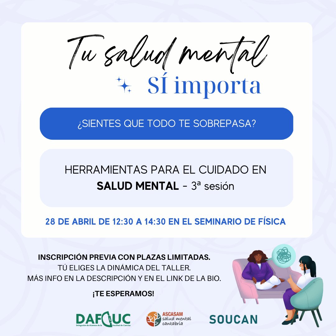 ¡Tenemos nueva fecha para el taller de salud mental!
Si crees que esto va contigo, inscríbete:
👉🏻 bit.ly/3K0TENW

¡¡IMPORTANTE!!: Recuerda que puedes votar la dinámica del taller según lo que necesites: bit.ly/3ngmeCo