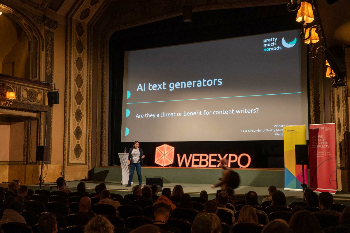 webexpo's tweet photo. AI is all around us. @Vladana_Writing is talking about the benefits and possible threats of AI text generators for content writers✍️ and sharing her prediction🔮 on what the future of human and AI collaboration might look like.
#AI #ContentWriting #FutureOfWork https://t.co/m8cHfHc67Z