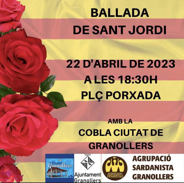 SardanistaGr's tweet photo. Aquest dissabte no et perdis la #ballada de #santjordi a #granollers , on també hi haurà un espai dedicat als més petits @😊🎶👬👭👫🏽 🌹📚 https://t.co/5DU2QpqGUE