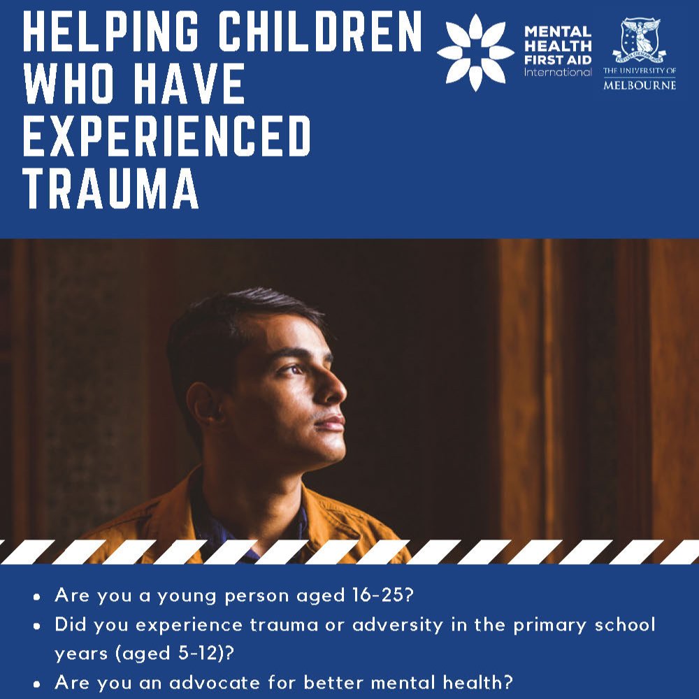 If you're aged 16-25 and experienced a mental health issue whilst in high school, <a href="/UniMelb/">University of Melbourne</a> is looking for research participants to help them inform the future of mental health first aid for children with #trauma

More info here - bit.ly/41kfceY

#MHFA