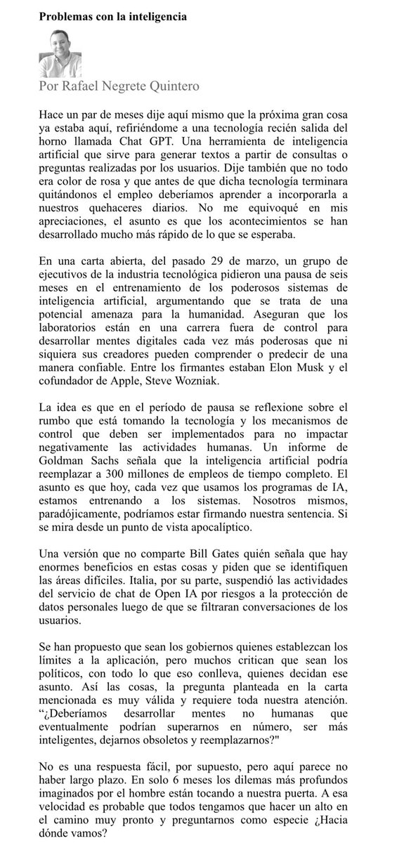 "La IA está avanzando muy rápido. ¿Deberíamos tomar una pausa para reflexionar sobre su impacto en la humanidad? ¿Deberíamos desarrollar mentes no humanas que eventualmente nos superen en número e inteligencia? Preguntas que requieren nuestra atención. #IA elmeridiano.co/problemas-con-…