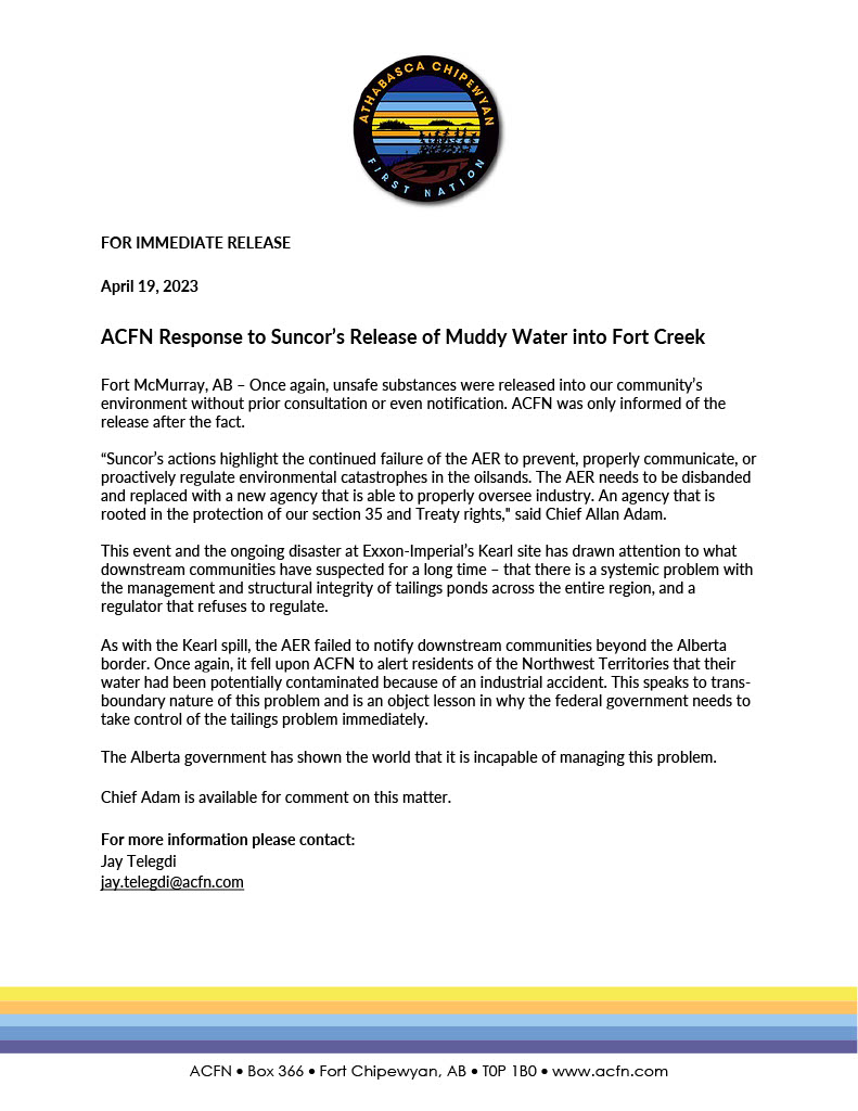 ACFN's response to Suncor's release of muddy water into Fort Creek - 'Suncor’s actions highlight the continued failure of the AER to prevent, properly communicate, or proactively regulate environmental catastrophes in the oilsands.' #abpol