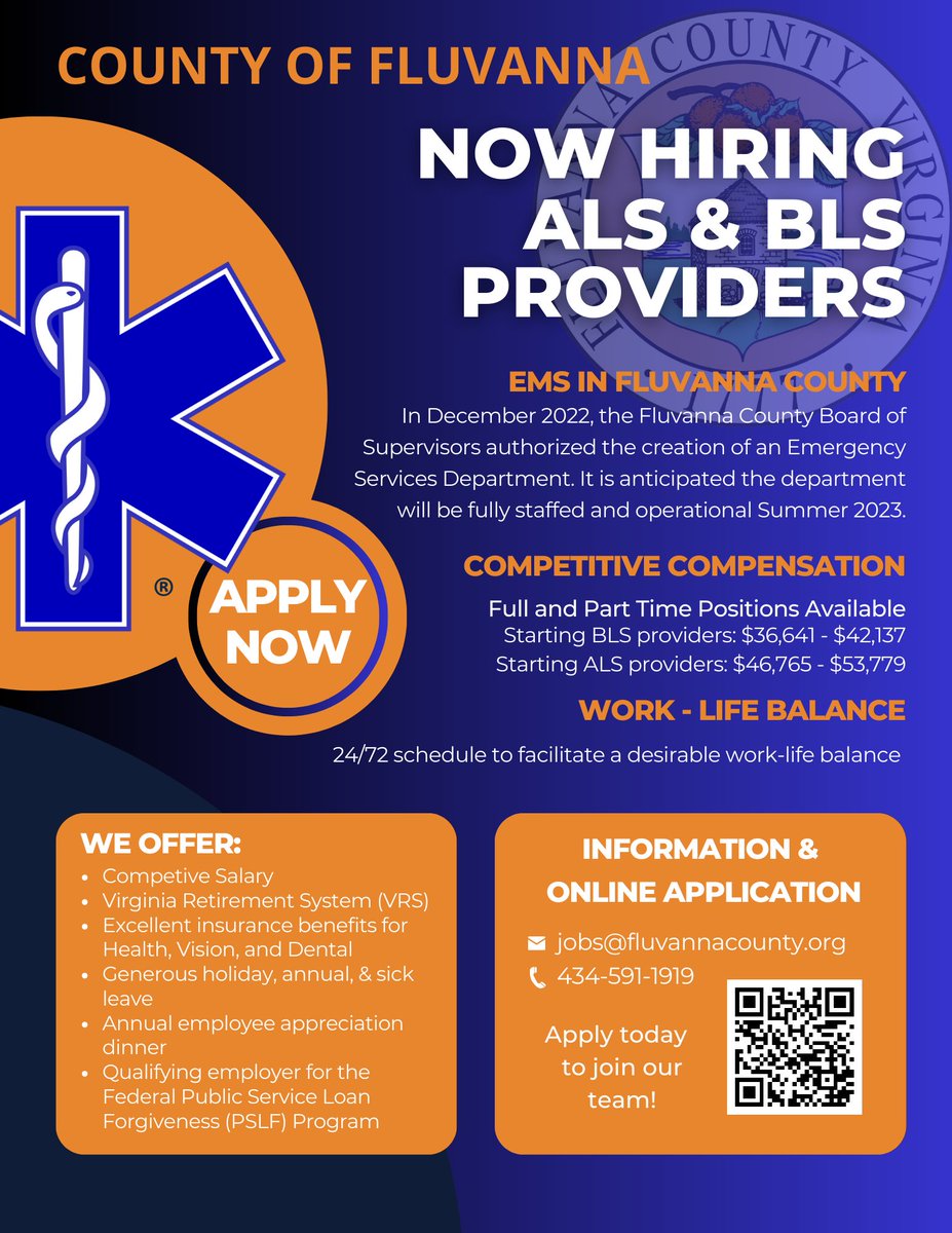 FluvannaCounty's tweet photo. Fluvanna County is hiring! 
Join our team  - Full and part time EMT ALS and BLS positions. 
EMT ALS: https://t.co/0PFW37Tgb9
EMT BLS: https://t.co/jyLBB5RMJI https://t.co/NJTiynl8PF
