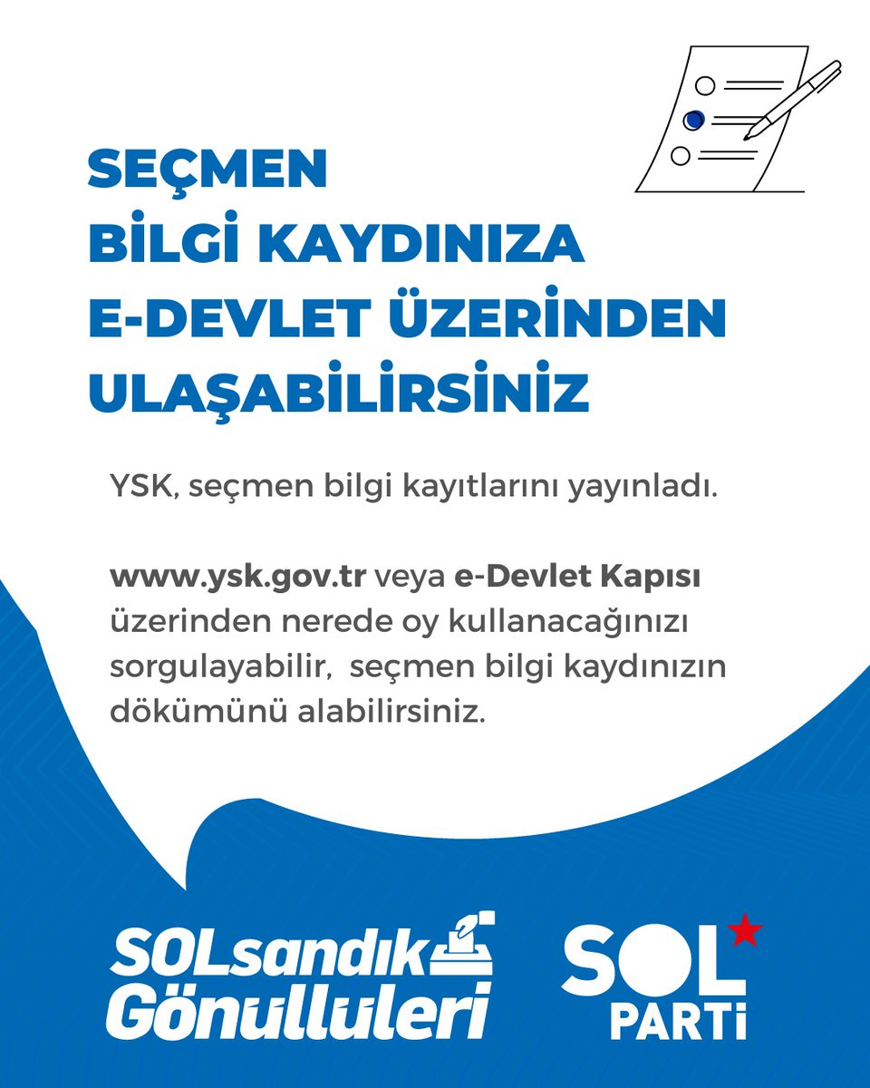 sandikgonullusu's tweet photo. Seçmen bilgi kaydınıza e-devletten, müşahit eğitimine sitemizden ulaşabilirsiniz 

SOL Varsa kimse çalamaz 👇
🔗https://t.co/QyuZxutFV3 https://t.co/Nx17Citdtn