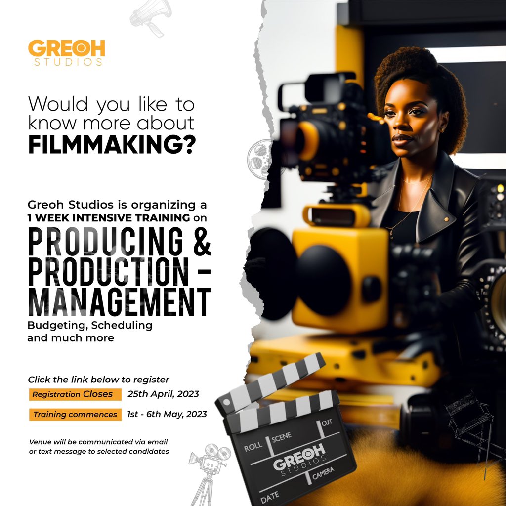 jadeosiberu's tweet photo. Producers,  Line Producers, Production Managers , Assistant Directors, get in here! 

Greoh Studios presents!!!

A one week intensive training on Film production management. Apply here https://t.co/bPbvEyts0N https://t.co/AIaMxuku8m