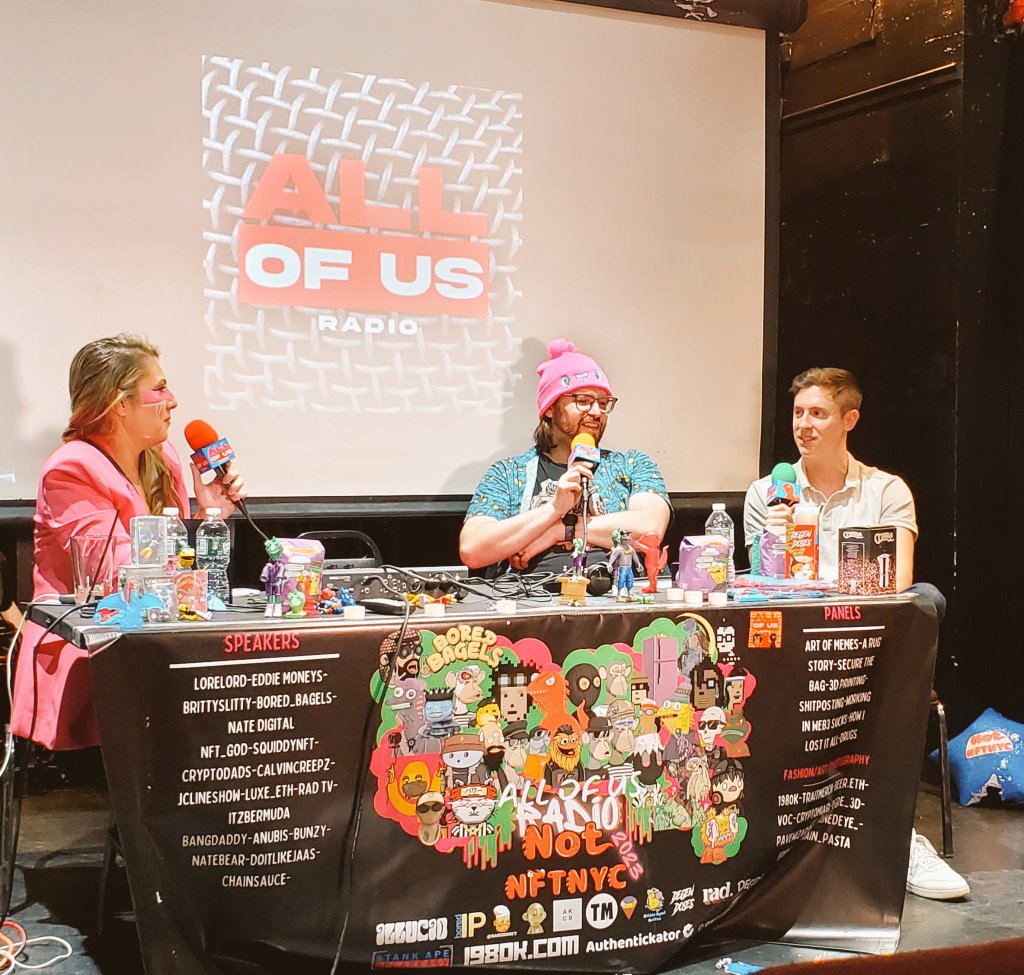 <a href="/ProbablyDegens/">Probably Degens 💚</a> Had to grab that Probably Degen sticker from legendary <a href="/LUX3_eth/">LUX3 🧞‍♀️</a> !
Great panel , super informative &amp; fun! 💜🦎🕯 #NOTNFTNYC 
w/ <a href="/natebear/">BEARBRAINS.art 💩🐻‍❄️🧠🍕</a> &amp; OG <a href="/NFT_GOD/">NFT God</a> !
<a href="/AllOfUsRadio/">NOTNFTNYC📍</a> 👏👏👏