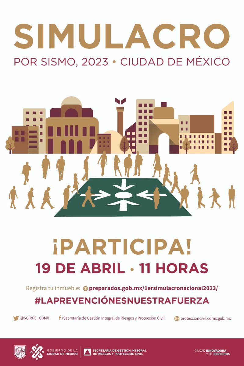 Recuerda que en punto de las 11:00 horas, se llevará a cabo el #1erSimulacroNacional2023.

¡Participa!